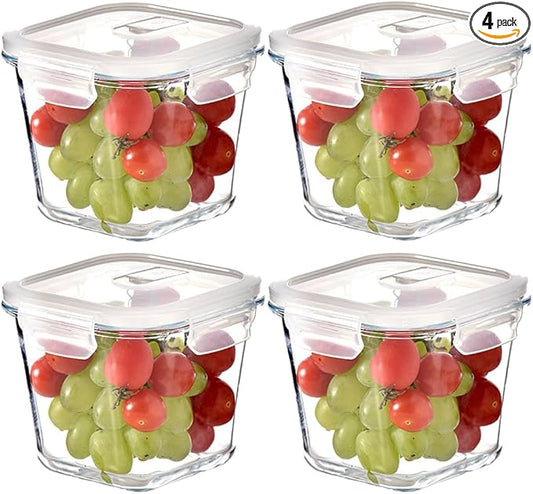 Square Glass Food Storage Containers, 4 Cup Glass Soup Container with Airtight Lids,Square Food Meal Prep Bowls for Salad soupleftovers, Fridge、Microwave、Dishwasher Safe (4 Pack)