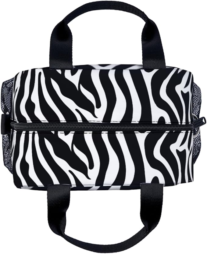 Zebra Black and White Stripes Lunch Bag for Women Men Cute Large Capacity Thermal Lunch Tote Reusable Washable with Adjustable Shoulder Strap and Dual Large Mesh Side Pockets