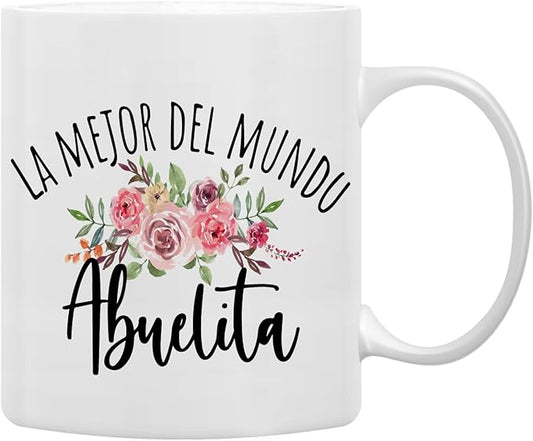 QASHWEY Best Grandma in The World Floral Coffee Mugs Mug, Abuelita Grandma Birthday Mother's Day Gifts From Grandkids,La Mejor Del Mundo Abuelita Spanish Double Side Printed Ceramic Mug Cup 11 Ounce