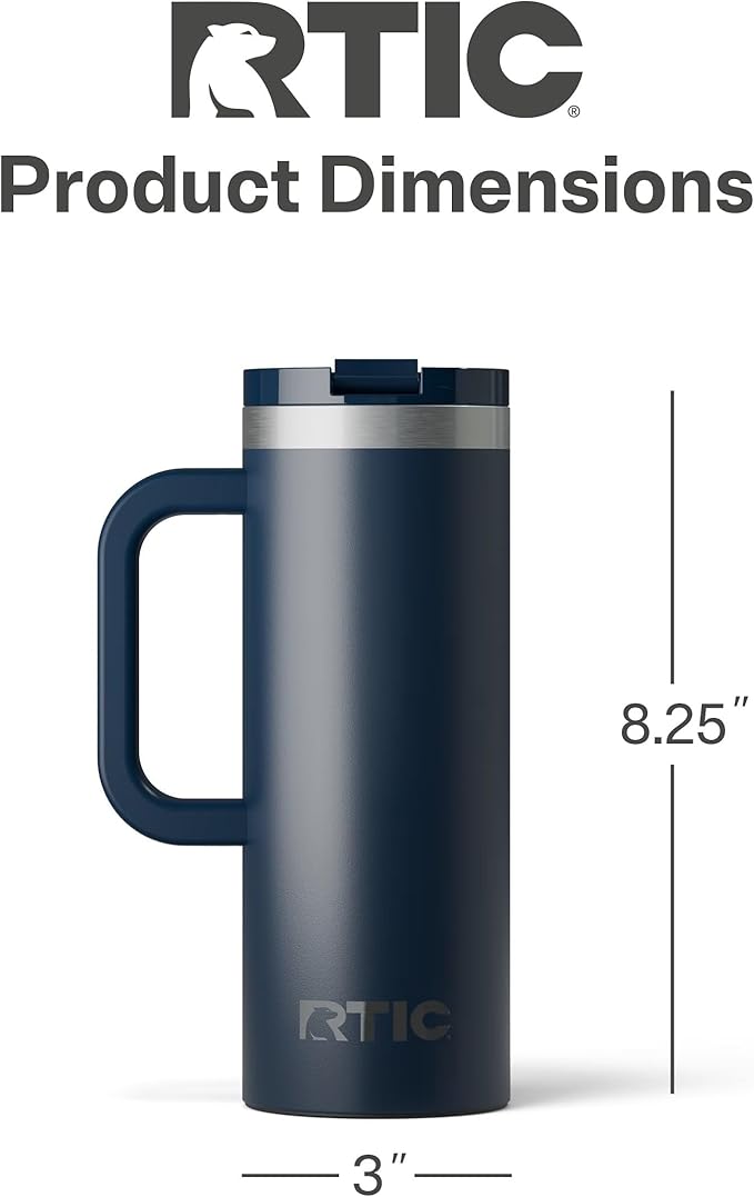RTIC 20oz Road Trip Travel Mug with Lid and Handle, Ceramic Lined, Insulated, Stainless Steel, Metal, Double Wall Vacuum-Insulation, Portable Coffee, Tea Cup for Hot and Cold Drink, Navy
