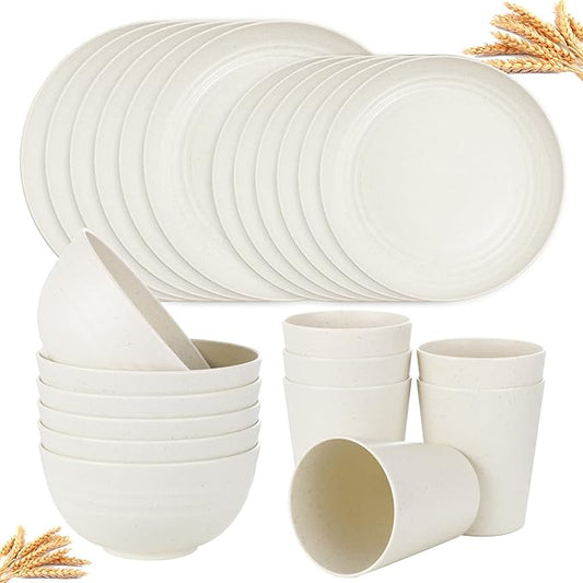 supernal 24pcs Wheat Straw Dinnerware,Unbreakable Dinner Plates Set,Microwave Dishwasher Safe,Beige Reusable Plates for Picnic,Birthday,Camping