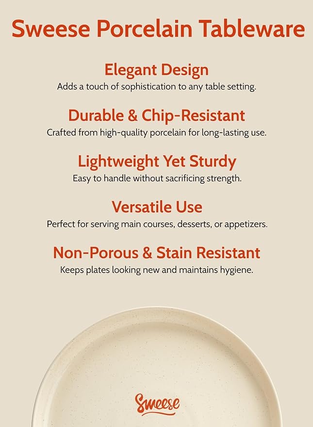 Sweese Porcelain Dinner Plates Set - 10 Inch Beige Round Dishes, 6-Pack, for Salad Serving, Scratch Resistant, Oven, Microwave Safe