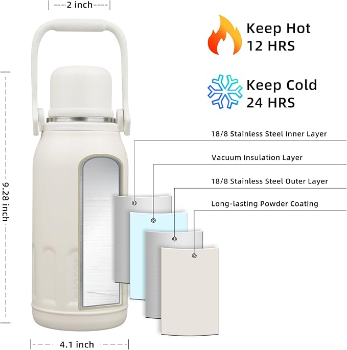 BJPKPK Insulated Thermal 40oz Water Bottle with Lid and Carry Handle Double Wall Stainless Steel Water Bottles for Sports,Beige