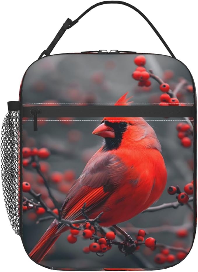 Reusable Northern Red Cardinal Lunch Box for Kids, Insulated Berries Winter Bird Bag,Polyester Cooler Animal Lovers Handbags Case for School Picnic Work Travel Beach or Hiking, Gifts