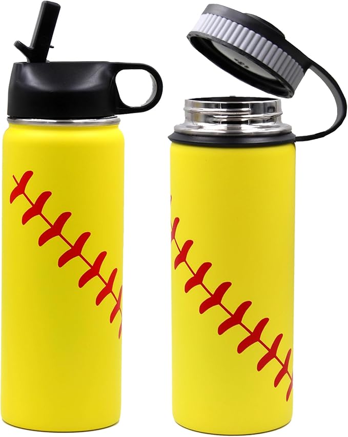18 oz Softball Water Bottle, Metal Thermo Travel Tumbler Sports Flask with 2 Lids, Stainless Steel Double Wall Vacuum Insulated Leak Proof Water Bottles, Softball Stuff Gifts for Mom Men Boys Girls
