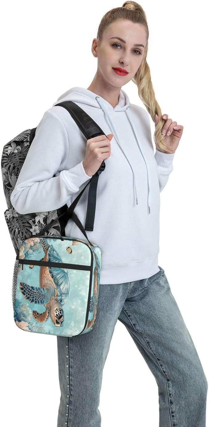 SUPLUCHOM Lunch Bag Turtle Sea Coral Ocean Insulated Bento Box Cooler with Side Pocket for Girl Boy Women Men Work School Picnic Hiking Daytrip