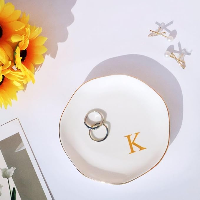 Ceramic Jewelry Tray Initial Ring Dish Personalized K-Monogrammed Engagement Wedding Gifts, for Birthday Mother's Day Christmas for Women, Ceramic White 4.75" (K)