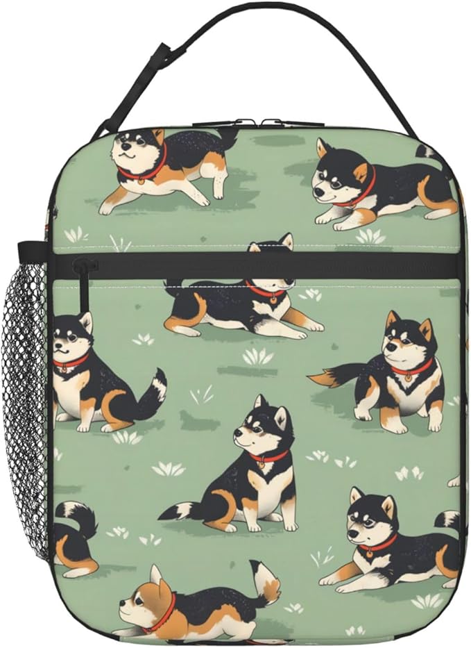 Reusable Shiba Inu Lunch Box for Kids Girls Boys Women Adult, Insulated Playful Dog Lunch Bag,Polyester Cooler Handbags Case for School Picnic Work Travel Beach or Hiking (Green)