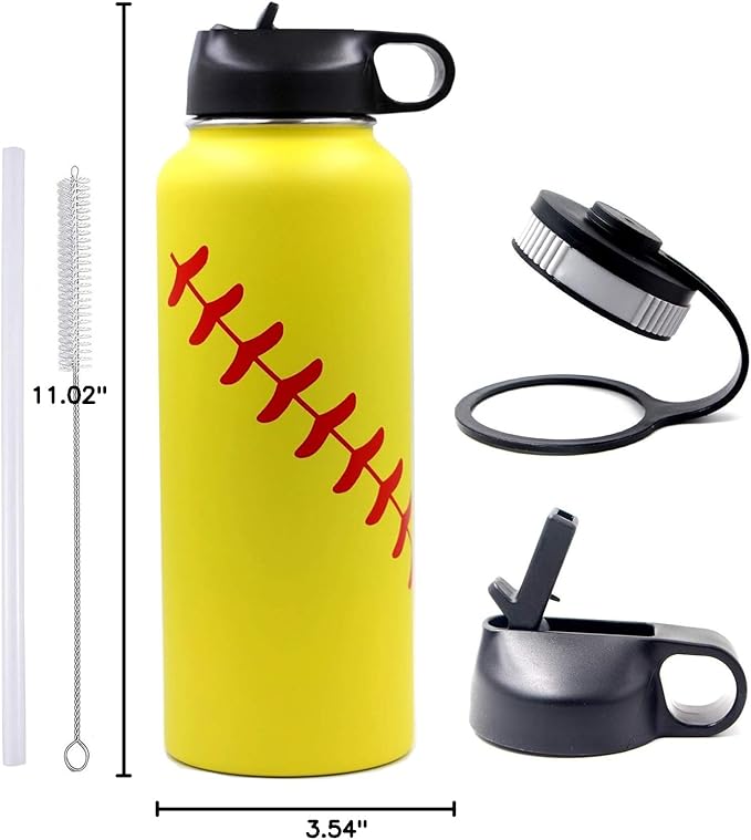 40 oz Softball Water Bottle, Wide Mouth Sports Flask Metal Thermo Travel Mug with 2 Lids, Stainless Steel Double Wall Vacuum Leak Proof Insulated Water Jug, Softball Stuff Gifts for Mom Men Boys Girls