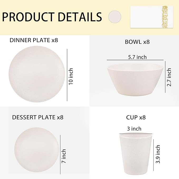 Supernal 32pcs Wheat Straw Dinnerware Sets Cream Color,Plates and Bowls Sets,Beige Plastic Dinnerware Sets, Dish Set for 8 with 25pcs Gold Napkins, Dishwasher Safe Plates