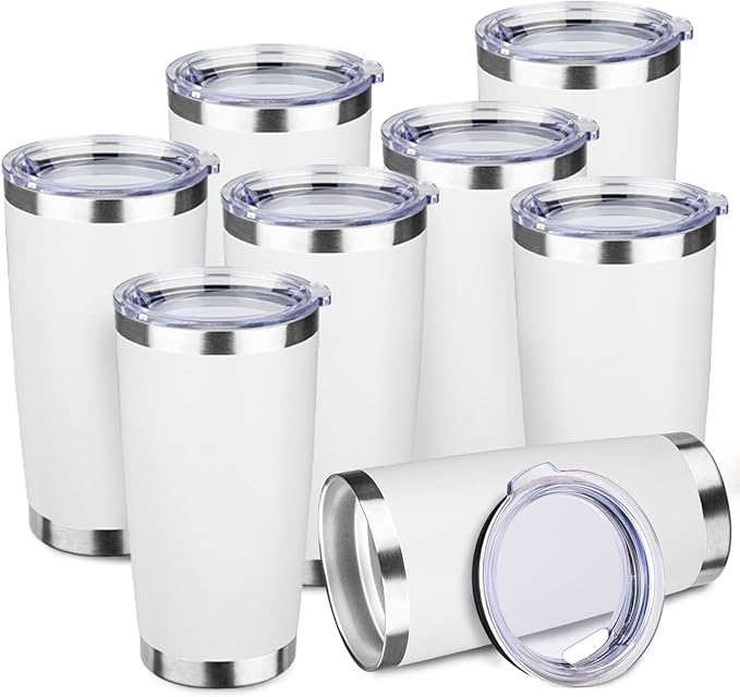 StarSpeed 20oz Tumbler Bulk with Lid, Stainless Steel Insulated Tumblers Double Wall Vacuum Insulated Travel Mug, Powder Coated Coffee Cups for Hot and Cold Drinks(White,8)