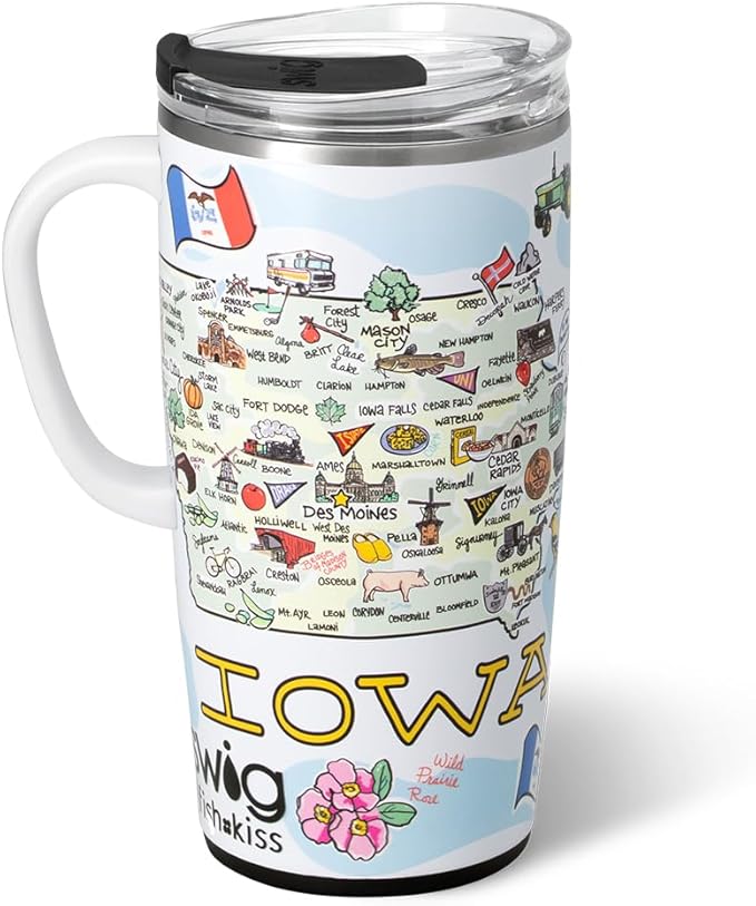 Swig Life 22oz Travel Mug, Insulated Tumbler with Handle and Lid, Travel Coffee Mug, Cup Holder Friendly, Stainless Steel 22 oz Tumbler, Reusable Insulated with Lid (Iowa)