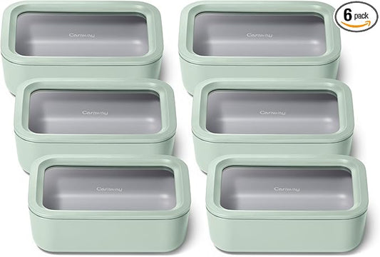Caraway 6pc Glass Food Storage Set – 6.6 Cup Food Containers (6) - Ceramic Coated - Non Toxic, Non Stick with Lids - Microwave Safe - Mist