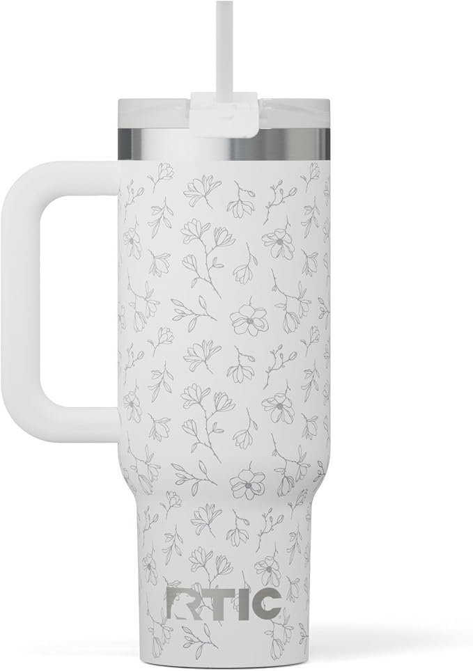 RTIC 30 oz Road Trip Tumbler Double-Walled Ceramic Lined InsulatedStainless Steel Portable Travel Coffee Mug Cup with Lid, Handle and Straw, White Magnolias