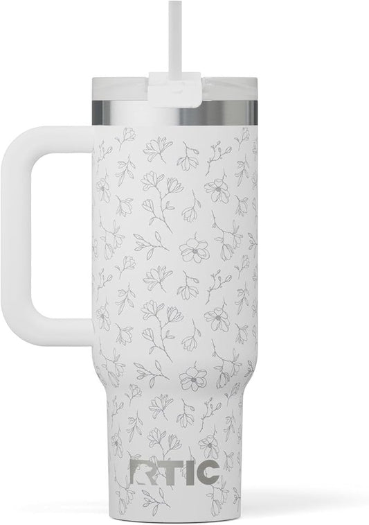 RTIC 30 oz Road Trip Tumbler Double-Walled Ceramic Lined InsulatedStainless Steel Portable Travel Coffee Mug Cup with Lid, Handle and Straw, White Magnolias