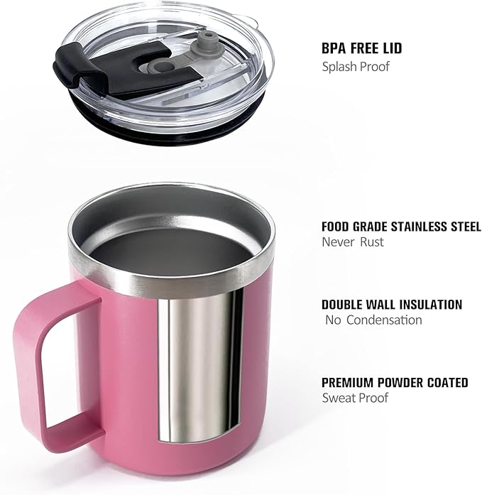 8pack 12oz Coffee Mug With Handle Bulk, Stainless Steel Insulated Travel Tumblers With,Double Wall Vacuum Camping Cup for Hot & Cold Drinks Tea (pink)
