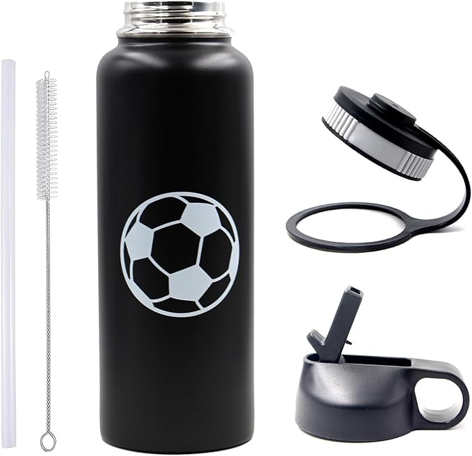 40 oz Soccer Water Bottle, Sports Flask Metal Travel Tumbler with 2 Lids, BPA-Free Stainless Steel Double Wall Vacuum Insulated Leak Proof Water Bottles, Soccer Stuff Gifts for Mom Men Boys Girls Fans
