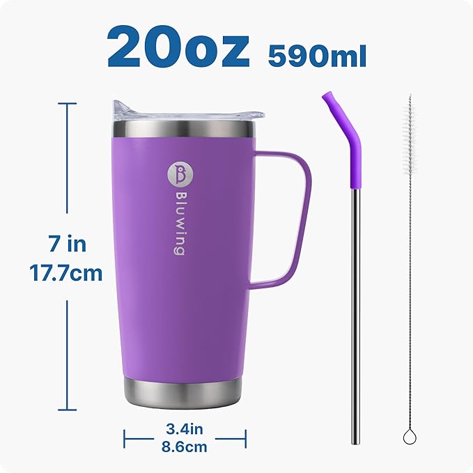 20 oz Insulated Tumbler with Handle Stainless Steel Travel Coffee Mug with Lid and Straw, Double Wall Tumbler Cups for Women and Men, BPA Free (Purple)