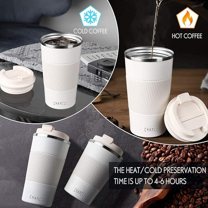 Travel Coffee Mug Spill Proof Leakproof 16 oz Insulated Coffee Mug with Screw Lid, Stainless Steel Vacuum Tumbler Reusable Thermal Coffee Cup to go for Hot and Cold Drinks -510ml, White