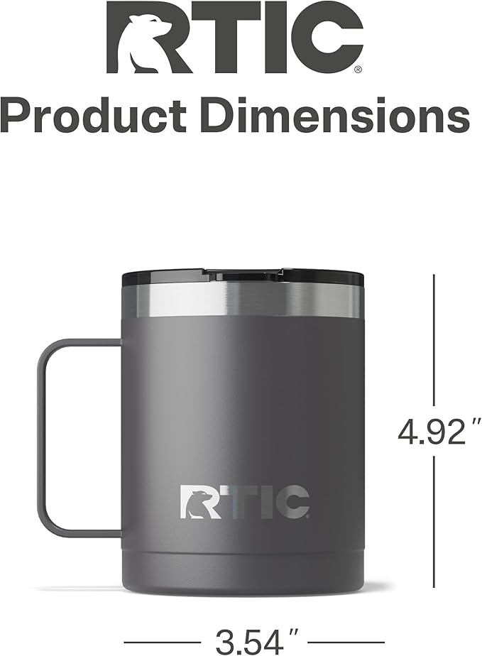 RTIC 12oz Essential Coffee Mug with Lid and Handle, Insulated, Ceramic Lined, Stainless Steel, Metal, Double Wall Vacuum-Insulation, Portable, Travel Cup for Hot and Cold Drink, Graphite