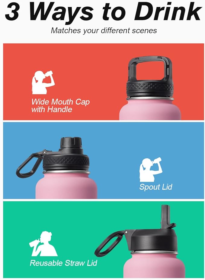 32 oz Insulated Water Bottle with Straw&3 Lids, Coolflask Stainless Steel Metal Flask Wide Mouth for Sports or Office, Non-BPA Keep Cold Up to 48 Hrs or Hot Up to 24 Hrs, Bubblegum Princess