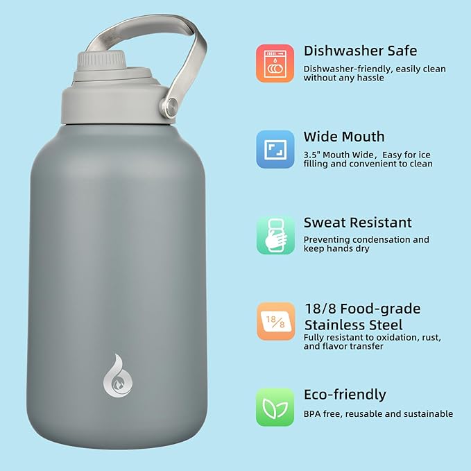BJPKPK 1 Gallon Water Bottle Insulated, Dishwasher Safe 128oz Large Water Jug with Metal Handle & BPA Free Spout Lid, Stainless Steel Metal Thermo for Gym, Sports & Hiking, Grey