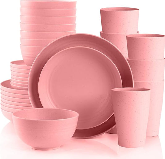 Pink Dinnerware Sets for 8,Pink Plates and Bowls Sets Plastic,Wheat Straw Dinnerware Sets Unbreakable Microwave Safe Lightweight,32 Pcs Christmas Dishes Set for Kids Elderly Kitchen Outdoor