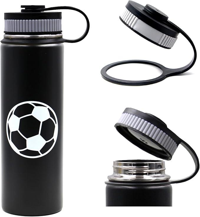 22 oz Soccer Water Bottle, Metal Sports Flask Travel Tumbler with 2 Lids, BPA Free 18/8 Stainless Steel Leak Proof Double Wall Vacuum Insulated Water Bottles, Soccer Stuff Gifts for Boys Girls Players