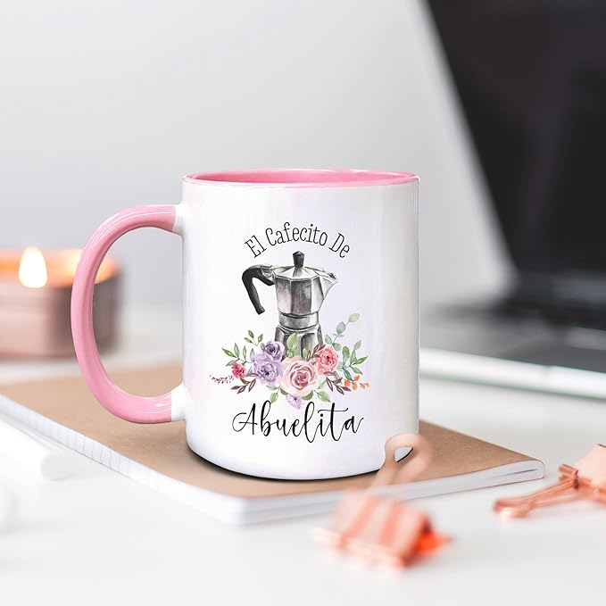 QASHWEY Abuelita Gifts Coffee Mugs, Grandma Gifts, Mothers Day Grandma Mug Coffee Tea Cup Gifts for Grandmas SpanishAbuelita, El Cafecito De Abuelita CoffeeCups Ceramic 11oz (Pink)