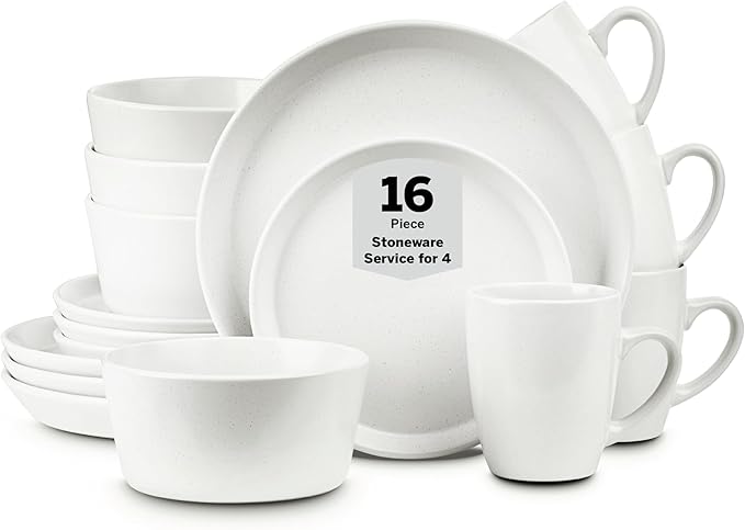 Stone Lain Albie Stoneware 16 Piece Dinnerware Set, Plates and Bowls Sets, Dish Set for 4, White Speckled, Microwave & Dishwasher Safe