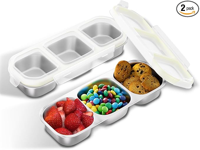 Stainless Steel Snack Containers for Kids Adults, 2 Pack 3 Compartment Metal Snack Containers Box with Lid, Reusable Food Storage Container, Leak Proof, Grab and Go