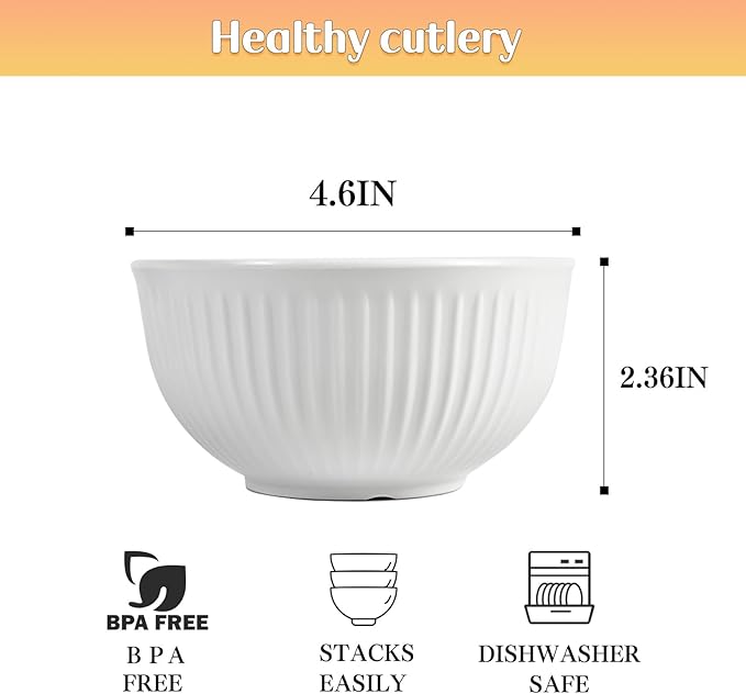 4.6" White 100% Melamine streaks Bowl SET 6– 13.8 OZ Capacity, non-friable,Durable Tableware for Everyday Use
