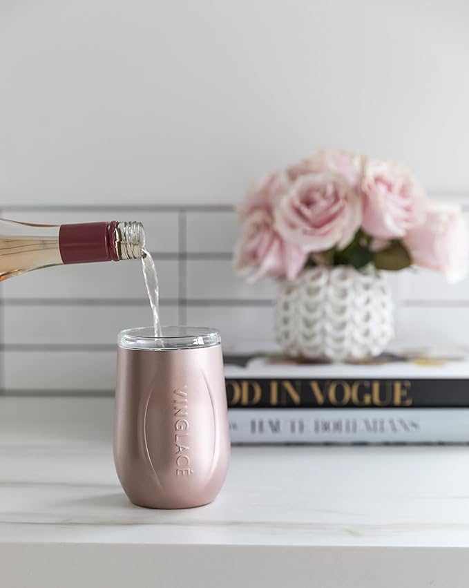 Vinglacé Stainless Steel Stemless Wine Glass- Insulated Wine Tumbler with Glass Insert and Sip Lid, 10 oz, Rose Gold