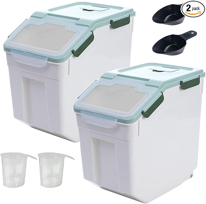 2 Pack Rice Storage Container with Measuring Cup 50 lb Flour Storage Container with Wheels, BPA Free Food Storage Container Dog Cat Food Bin Set for Dry Food Sugar, Cereal(Green)