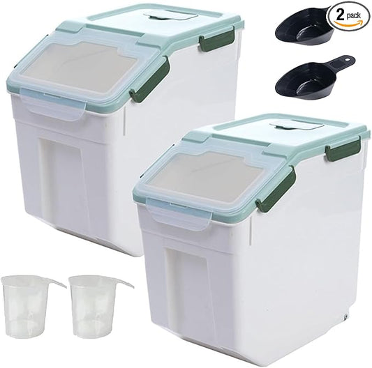 2 Pack Rice Storage Container with Measuring Cup 50 lb Flour Storage Container with Wheels, BPA Free Food Storage Container Dog Cat Food Bin Set for Dry Food Sugar, Cereal(Green)