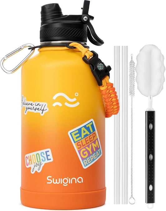 [2-IN-1 LID] 64 oz Insulated Water Bottle with Silicone Boot (48hrs Cold/24hrs Hot) - DIY Stickers, Leakproof, BPA Free, Half Gallon