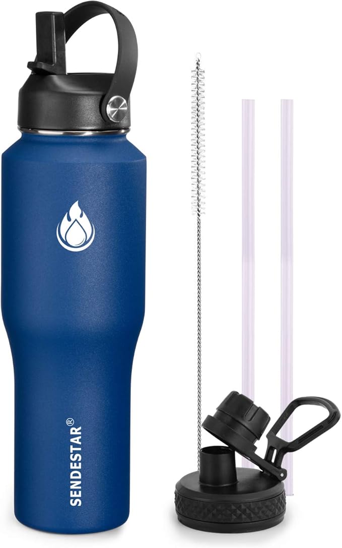 SENDESTAR Water Bottle 32oz,2 Lids(Straw lid),Wide Mouth Stainless Steel Vacuum Insulated Double Wall Keep Liquids Cold or Hot All Day,Sweat Proof Sport Design,Fit Car Cup Holder(Cobalt)