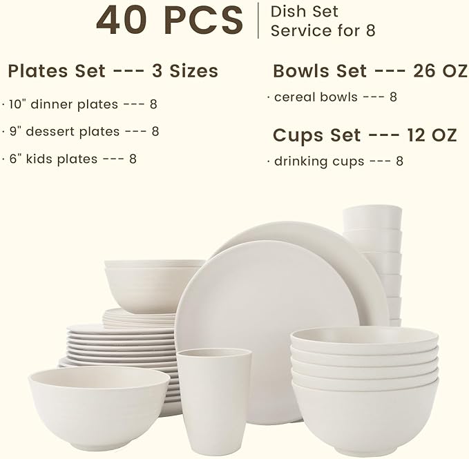 Homienly 40- Pieces Wheat Straw Dinnerware Set, Service for 8, Lightweight Roud Plates and Bowls Set, Unbreakable Dishes Set- Dinner Plates, Bowls, Cups,Microwave and Dishwasher Safe(White)