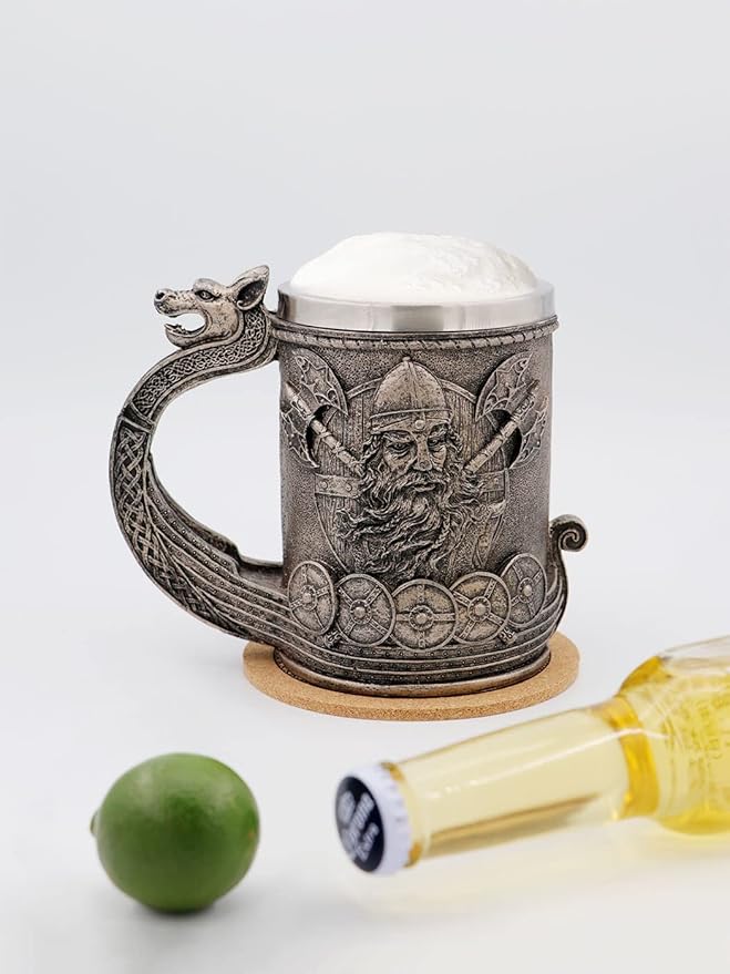 Medieval Viking Mug Beer Stein Tankard,Stainless Steel Drinking Tankard Mug Coffee Cup,Norse Mythology Poetic Gothic Decor Party Decoration Drinkware Gift for Men18OZ(Drakkar Warrior)
