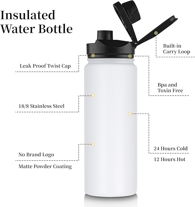 24 oz Insulated Water Bottle Bulk 8 Pack, Stainless Steel Sports Water Bottles with Straw Lid & Wide Mouth Lids, Double Walled Vacuum, Leak Proof, White