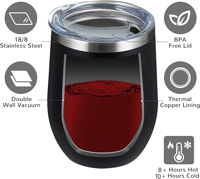 MEWAY 12oz/12 Pack Wine Tumbler Glasses with Lid -Double Wall Vacuum Stainless Steel Travel Tumbler Mug,Stemless Insulated Wine Cup for,Coffee,Cocktails,Gifts (Black,Set of 12)