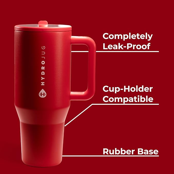 HydroJug Traveler - 32 oz Water Bottle with Handle & Flip Straw - Fits in Cup Holder, Leak Resistant Tumbler-Reusable Insulated Stainless Steel & Rubber Base - Gifts for Women & Men, Alumni Red