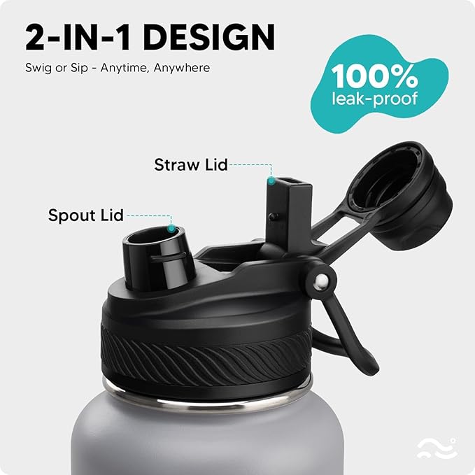 [2-IN-1 LID] Insulated Water Bottle with Silicone Boot (36hrs Cold/18hrs Hot) - DIY Stickers, Leakproof, BPA Free, 32 oz