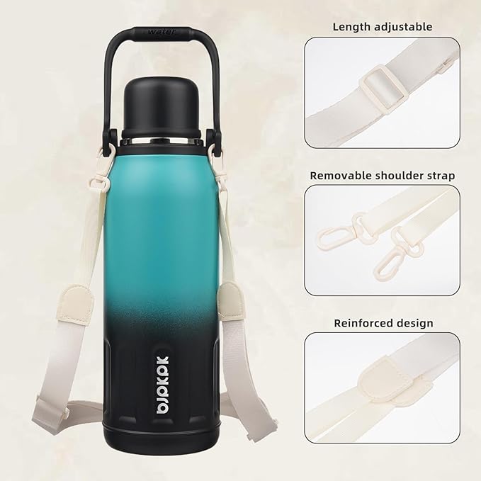 BJPKPK Insulated Thermal Water Bottle with Handle and Lid 50oz BPA Free Stainless Steel Water Bottles For Cold and Hot Beverages,TealBlack