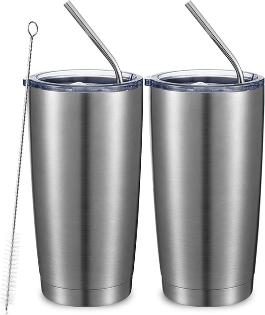 COMOOO 20oz Double Wall Vacuum Insulated Travel Mug, Stainless Steel Tumbler with Lid and Straw Durable Powder Coated Insulated Coffee Cup for Cold & Hot Drinks (Silver. 2 pack