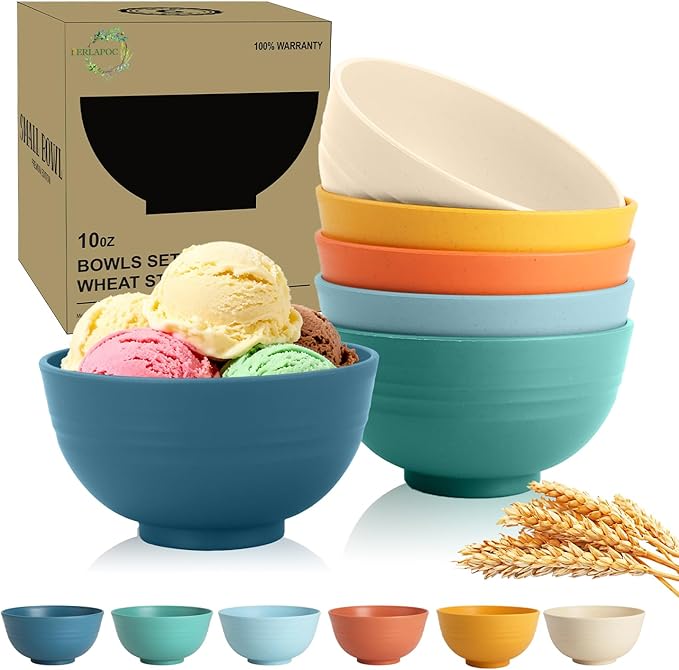 Wheat Straw Bowls, Unbreakable Small Bowls Set of 6, 10 OZ Mini Dessert Bowls for Ice Cream, Snack, Yogurt and Fruits, Microwave & Dishwasher Safe Small Bowl, Multi
