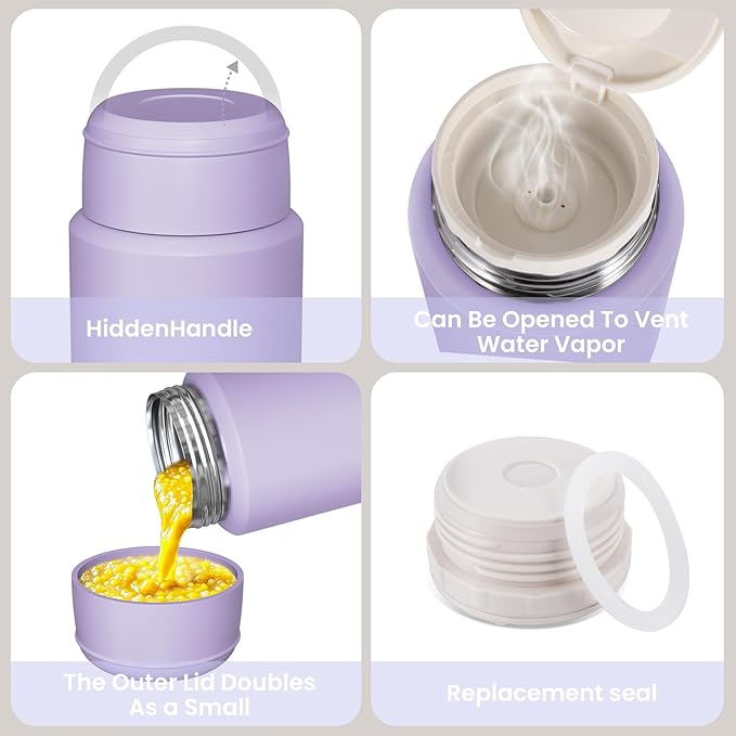 2 Pack Soup Thermo for Hot Food for Adults, Insulated Food Jar, Stainless Steel Vacuum Thermal Lunch Box Containers with Carry Bag and Spoon (18.5oz, 27oz) (Purple)