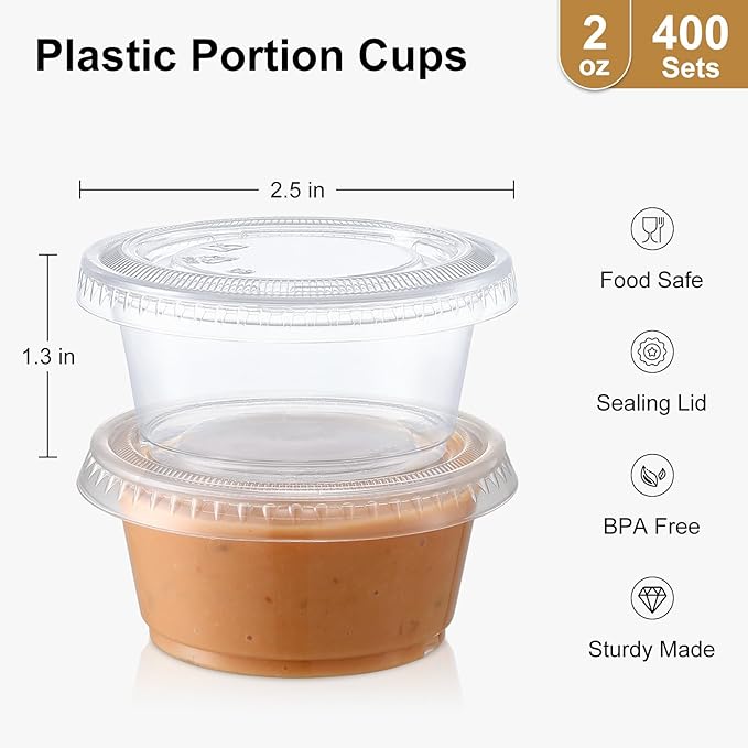 AOZITA 400 Set 2 oz Jello Shot Cups with Lids, Stackable Food Safe Disposable Plastic Portion Condiment Dipping Sauce Cups, Small Containers for Salad Dressing