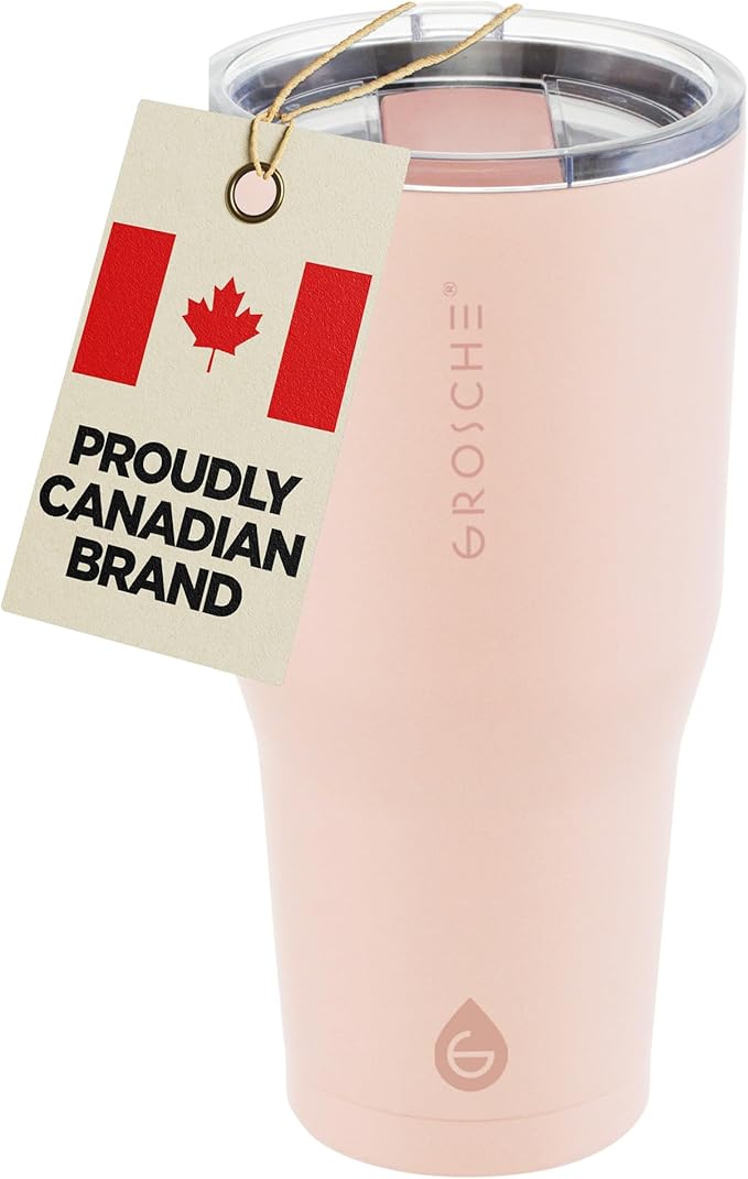 GROSCHE Yukon 30 oz Insulated Coffee Mug with Lid - Durable Travel Mug, Stainless Steel Tumblers, Vacuum Insulated Coffee Tumbler for Hot or Cold Beverages - PINK