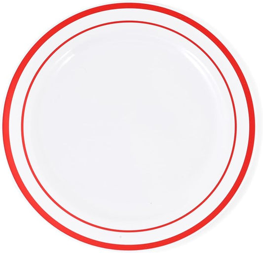 120-Piece Premium Salad Plates Set - Disposable White Plastic With Red Rim for Party and Wedding